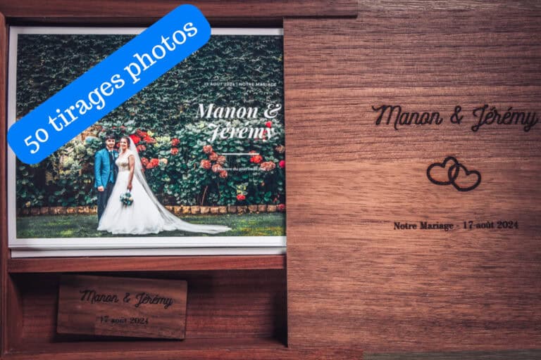 Coffret en bois gravé avec tirage des mariés, mention 50 tirages photos