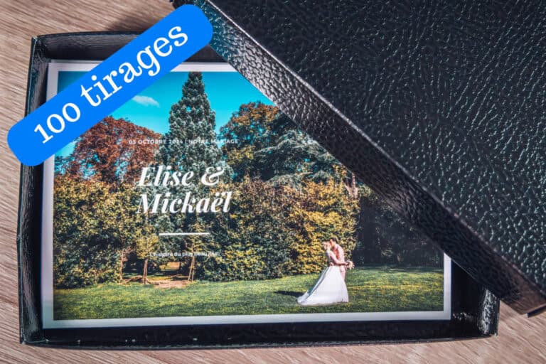Boîte noire ouverte sur un tirage de la mariée, mention 100 tirages